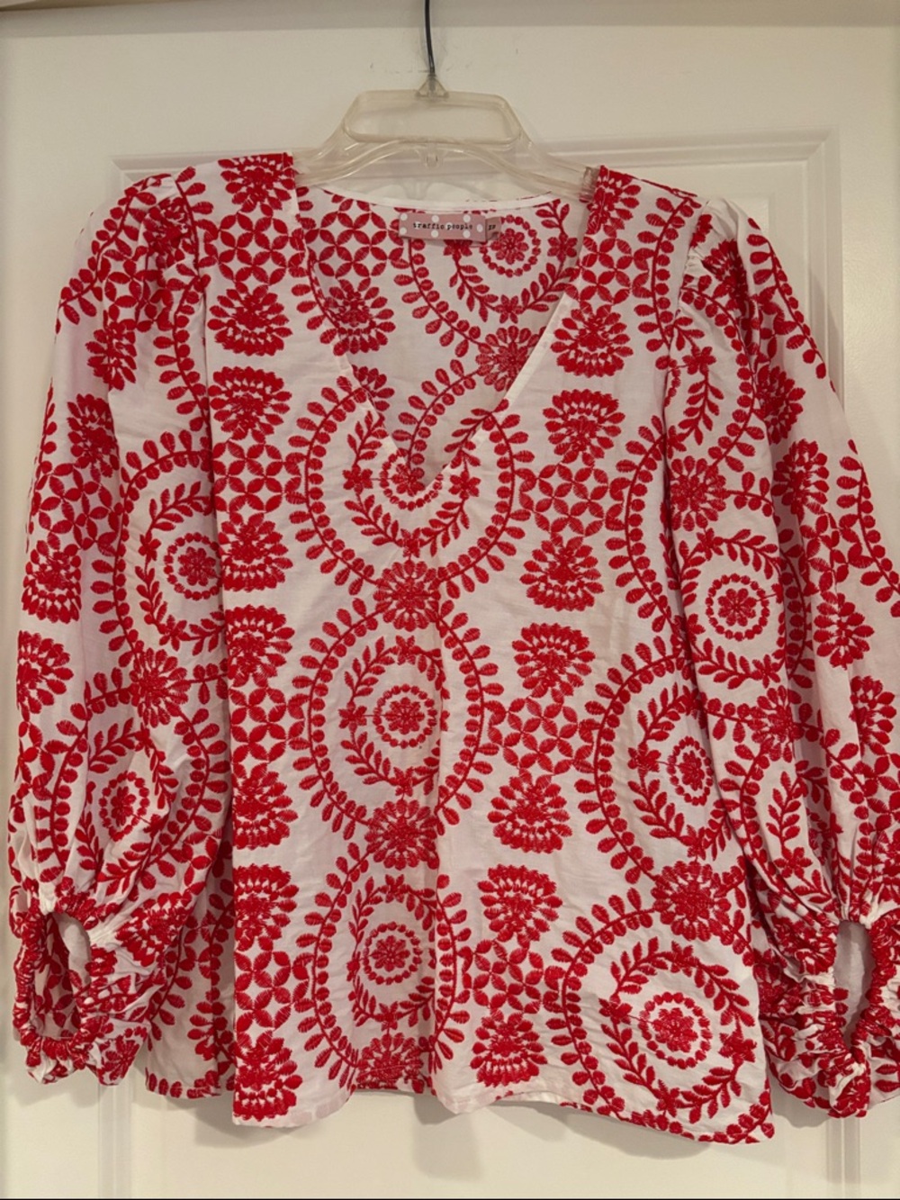 Traffic People White Blouse with Red Floral Embroidery